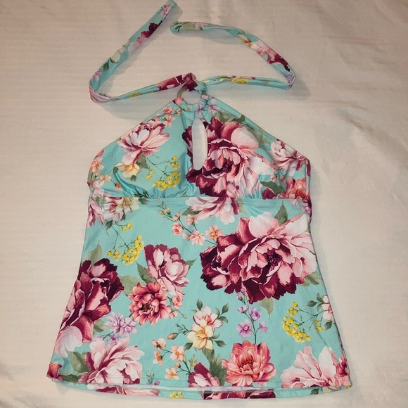 Size medium Blue and Green Floral Halter Sleeveless Tank swim bathing suit Top - Picture 2 of 10